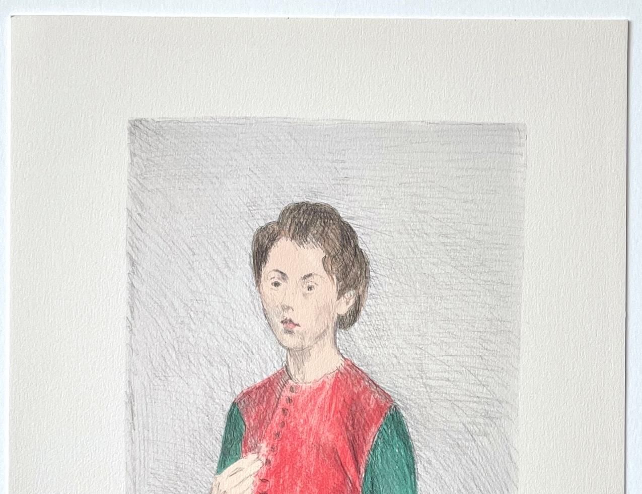 GIOVANE DONNA GILET ROSSO Litografia firmata, Donna in piedi con i capelli raccolti, vestito verde in vendita 1