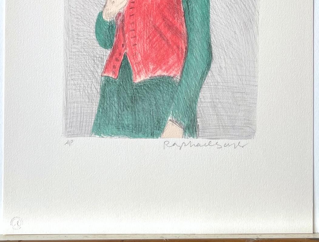 GIOVANE DONNA GILET ROSSO Litografia firmata, Donna in piedi con i capelli raccolti, vestito verde in vendita 2