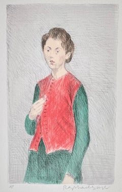 YOUNG WOMAN RED VEST Signierte Lithographie, stehende Frau mit Haaraufschnitt, grünes Kleid