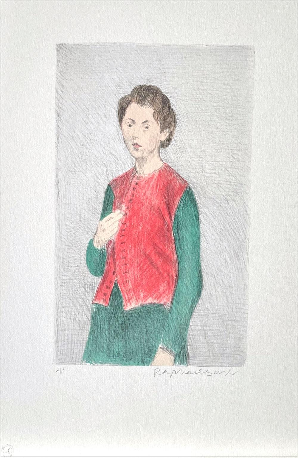 Portrait Print di Raphael Soyer - GIOVANE DONNA GILET ROSSO Litografia firmata, Donna in piedi con i capelli raccolti, vestito verde