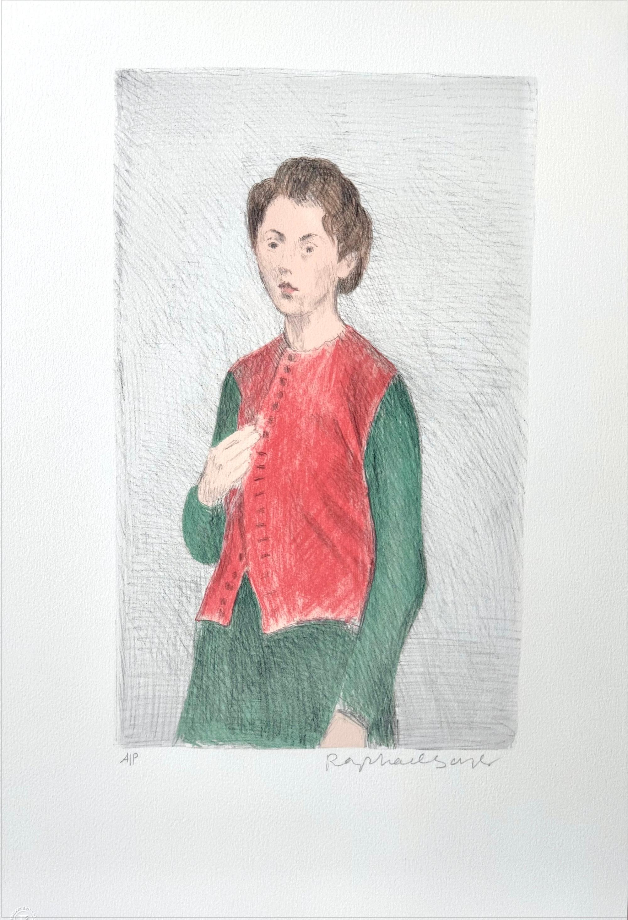 Portrait Print Raphael Soyer - Lithographie signée YOUNG WOMAN RED VEST, robe verte à cheveux de femme debout