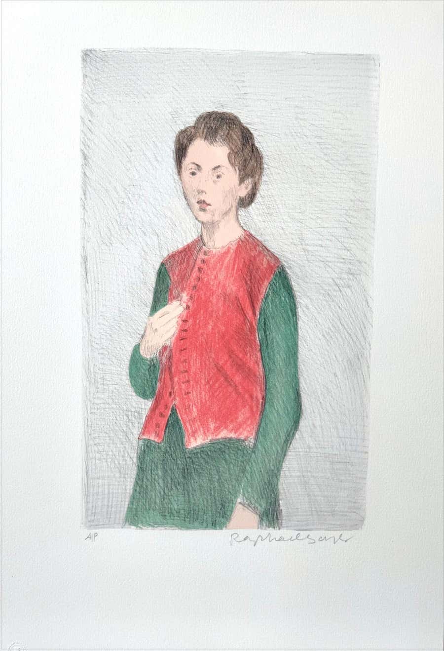 YOUNG WOMAN RED VEST Signed Lithograph, Standing Woman Hair Up, Green Dress