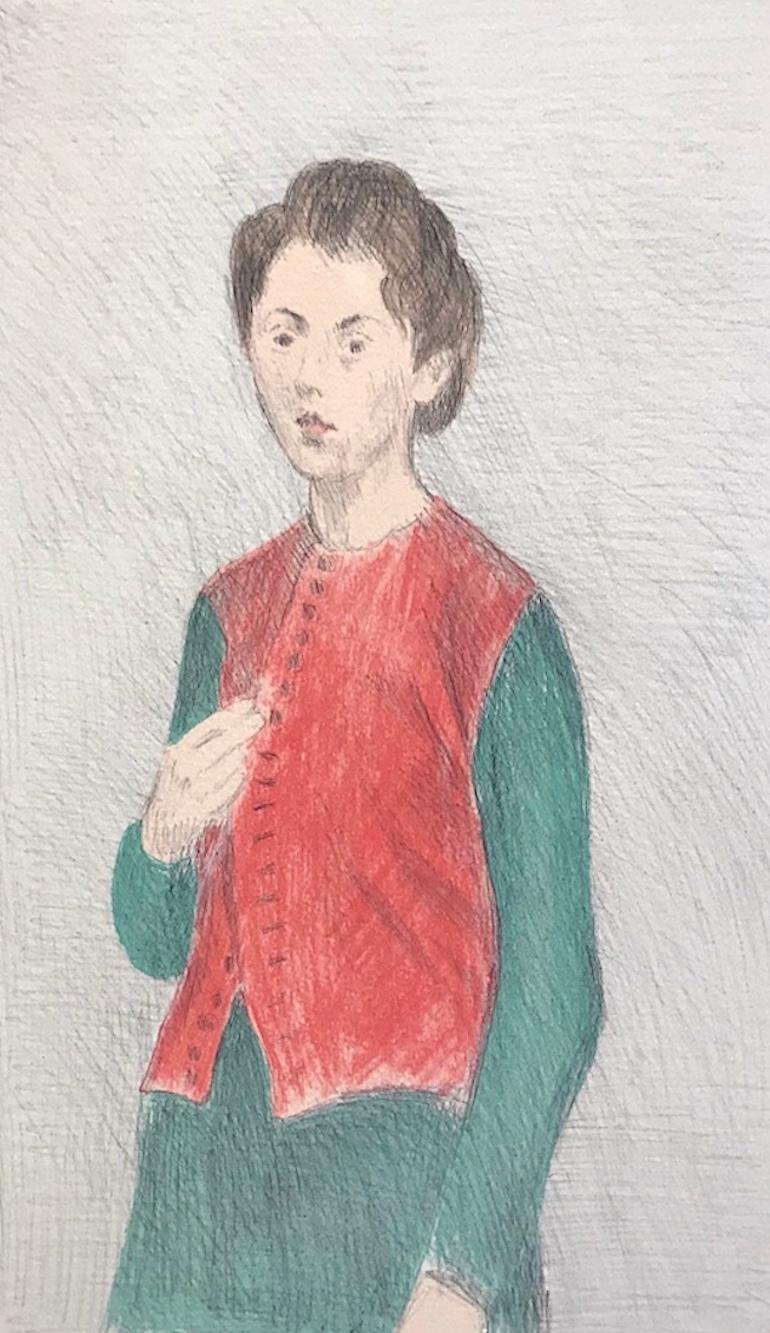 Raphael Soyer Portrait Print - YOUNG WOMAN RED VEST, Signed Original Lithograph, Social Realism