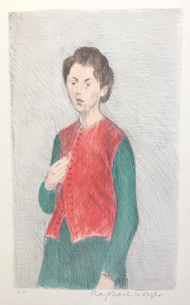 YOUNG WOMAN RED VEST, Signed Original Lithograph, Social Realism - Print by Raphael Soyer