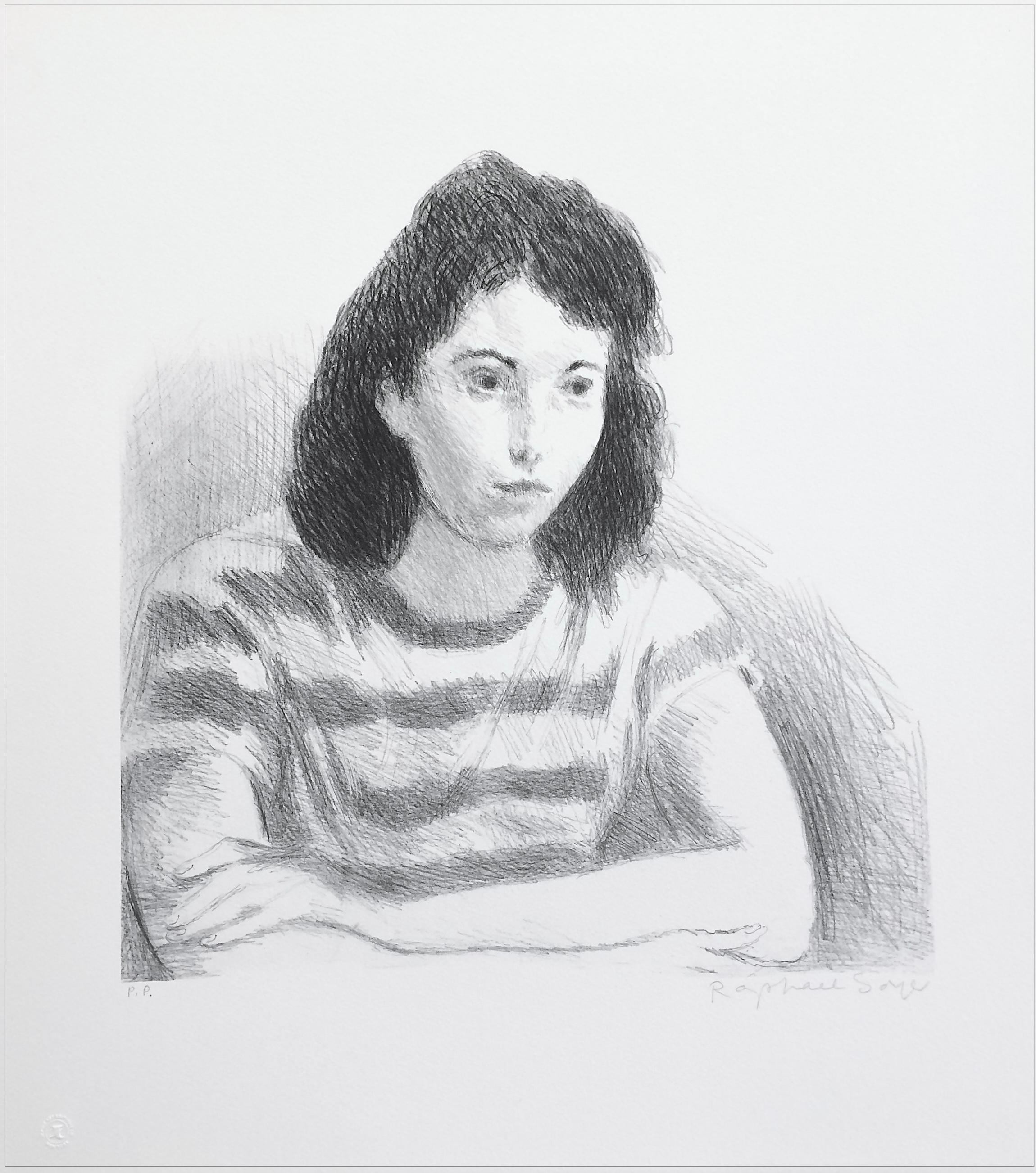 YOUNG WOMAN, STRIPED TEE SHIRT Signed Lithograph, Realist Portrait, Casual
