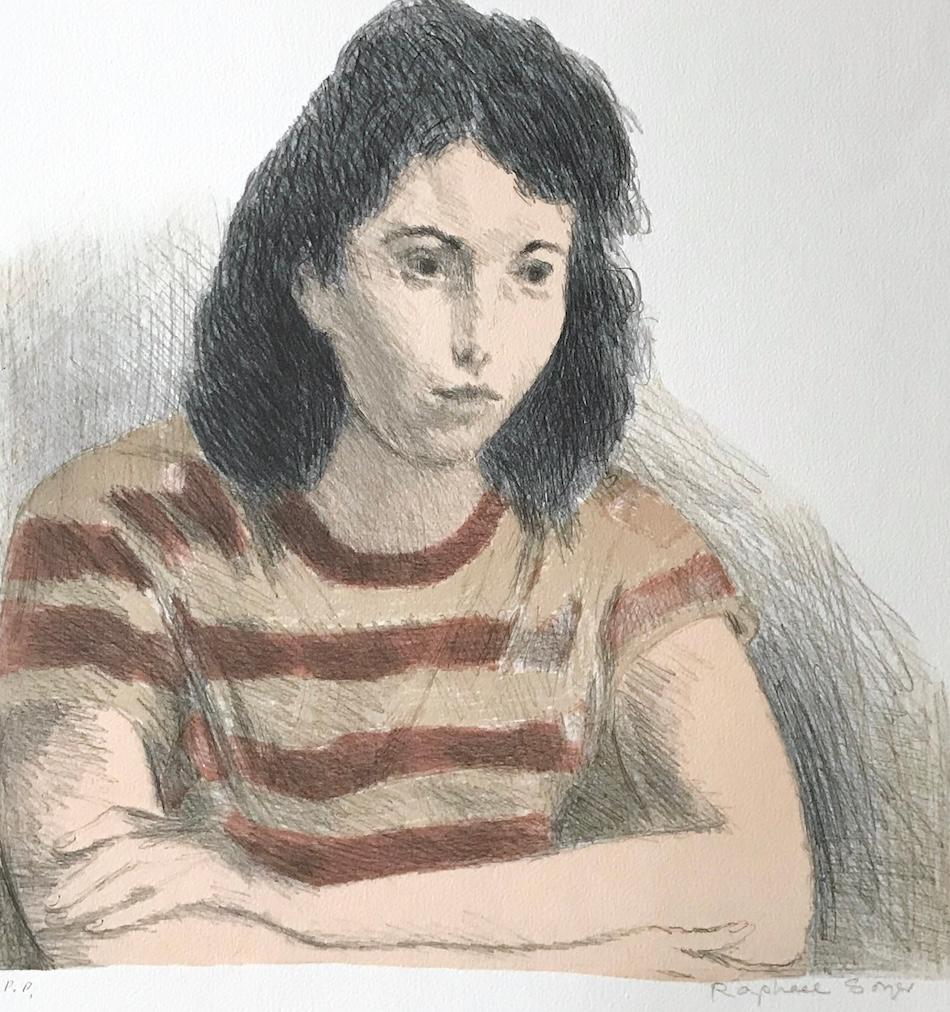 MUJER JOVEN, CAMISETA A RAYAS Litografía firmada, Retrato realista, Óxido, Melocotón - Print Realista de Raphael Soyer