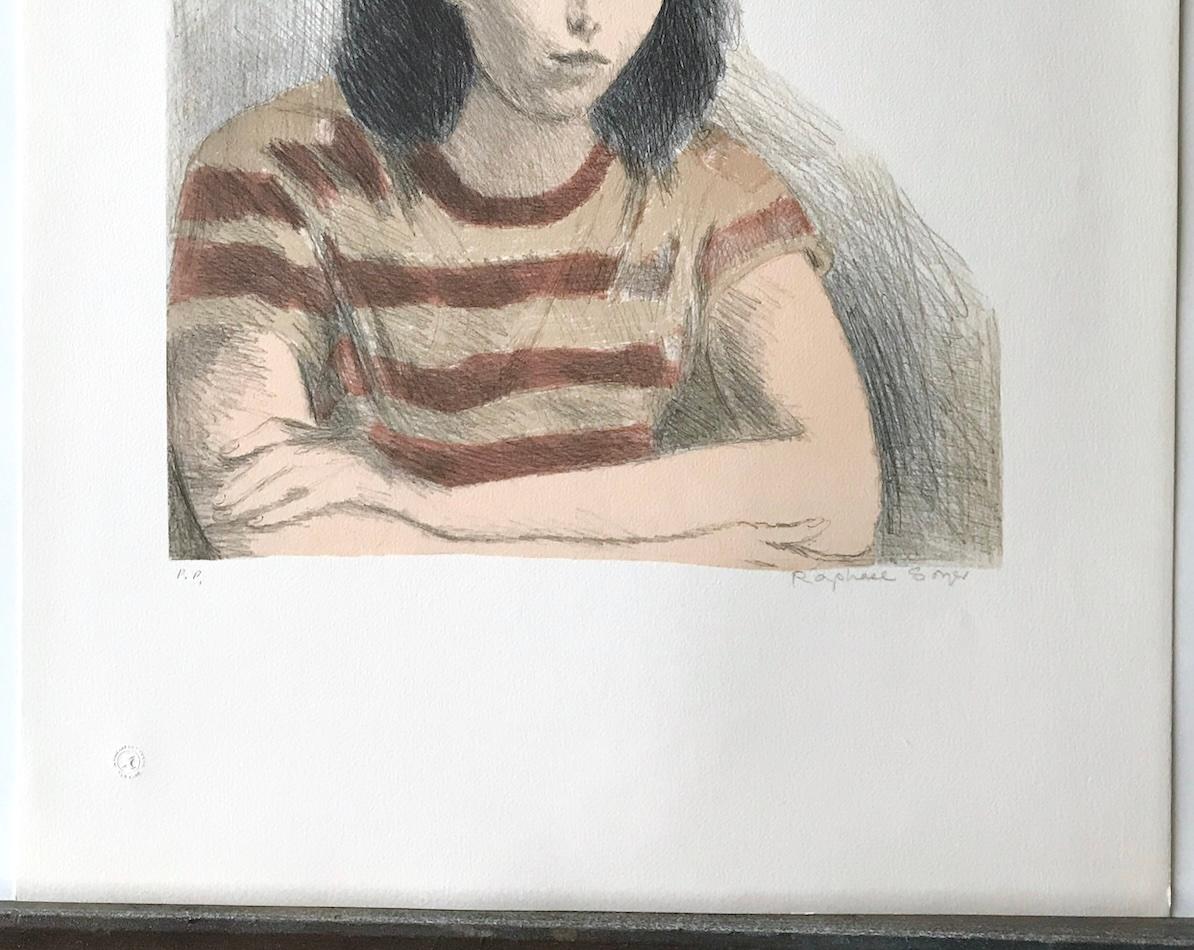 MUJER JOVEN, CAMISETA A RAYAS Litografía firmada, Retrato realista, Óxido, Melocotón en venta 2