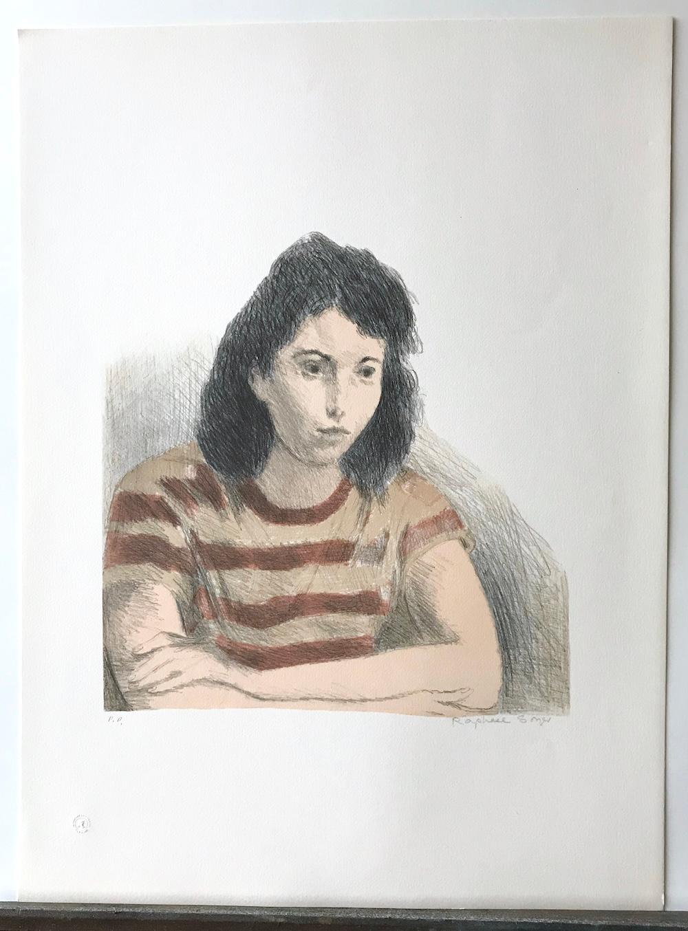 MUJER JOVEN, CAMISETA A RAYAS Litografía firmada, Retrato realista, Óxido, Melocotón en venta 3