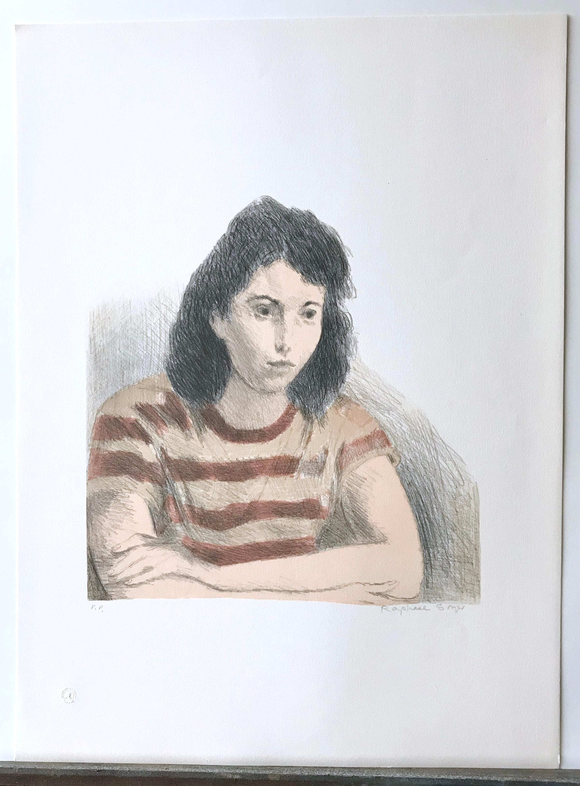 YOUNG WOMAN, STRIPED TEE SHIRT Signed Lithograph, Realist Portrait, Rust, Peach For Sale 1