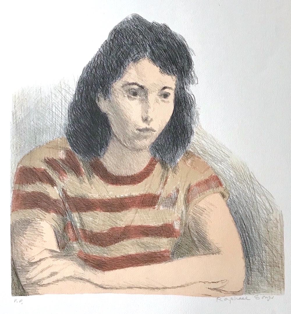 Figurative Print de Raphael Soyer - MUJER JOVEN, CAMISETA A RAYAS Litografía firmada, Retrato realista, Óxido, Melocotón