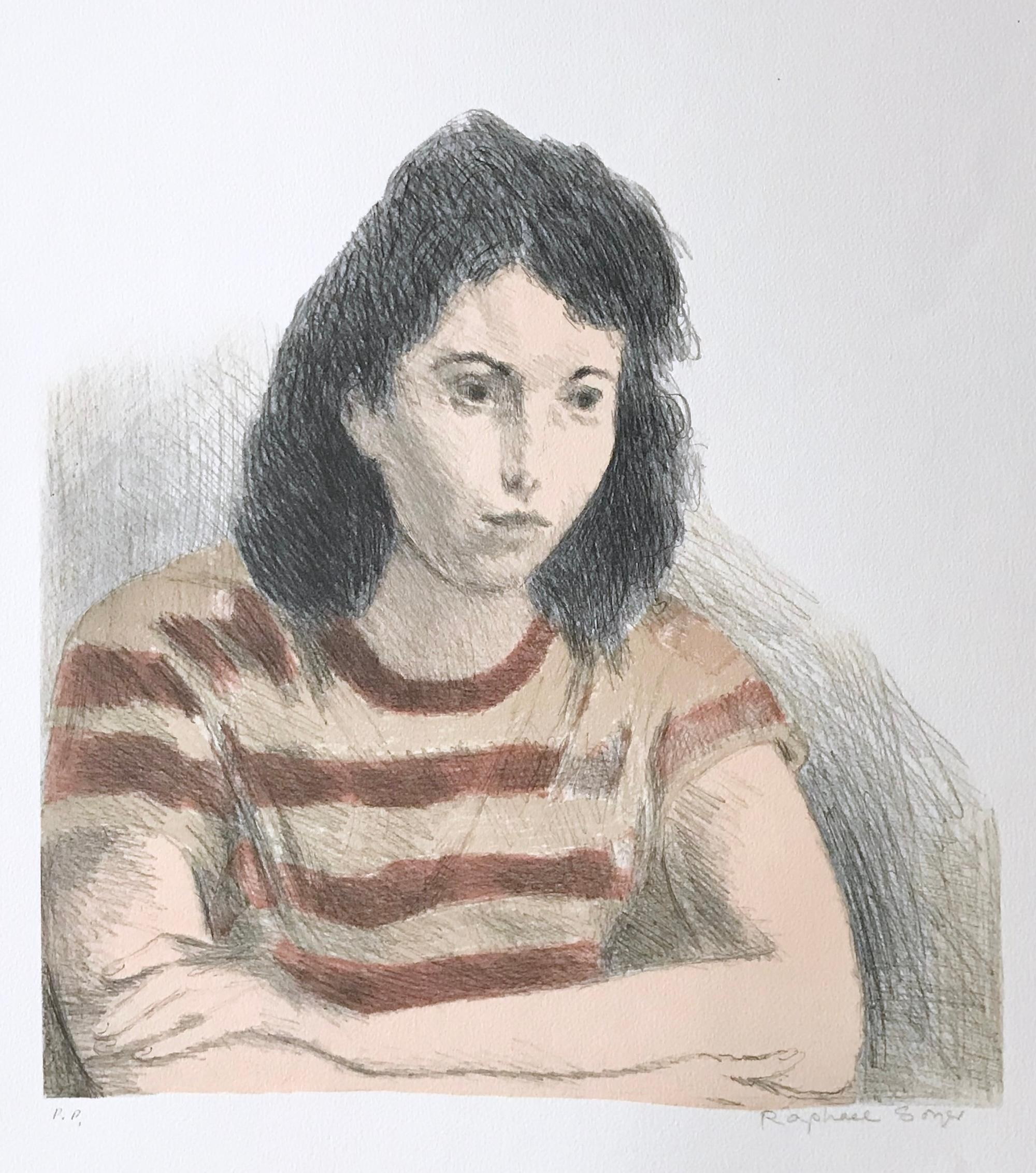 Raphael Soyer Figurative Print - YOUNG WOMAN, STRIPED TEE SHIRT Signed Lithograph, Realist Portrait, Rust, Peach
