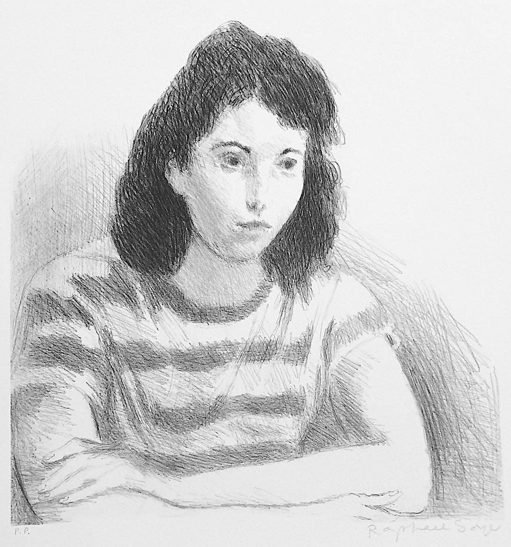 YOUNG WOMAN, STRIPED TEE SHIRT Signierte Lithographie, Kontemplatives Porträt, Ungewöhnlich