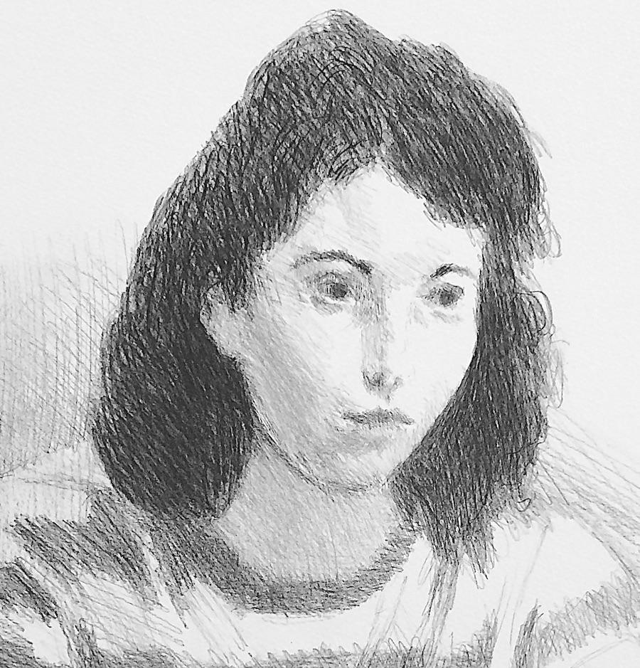 YOUNG WOMAN, STRIPED TEE SHIRT Signed Lithograph, Contemplative Portrait, Casual - Realist Print by Raphael Soyer