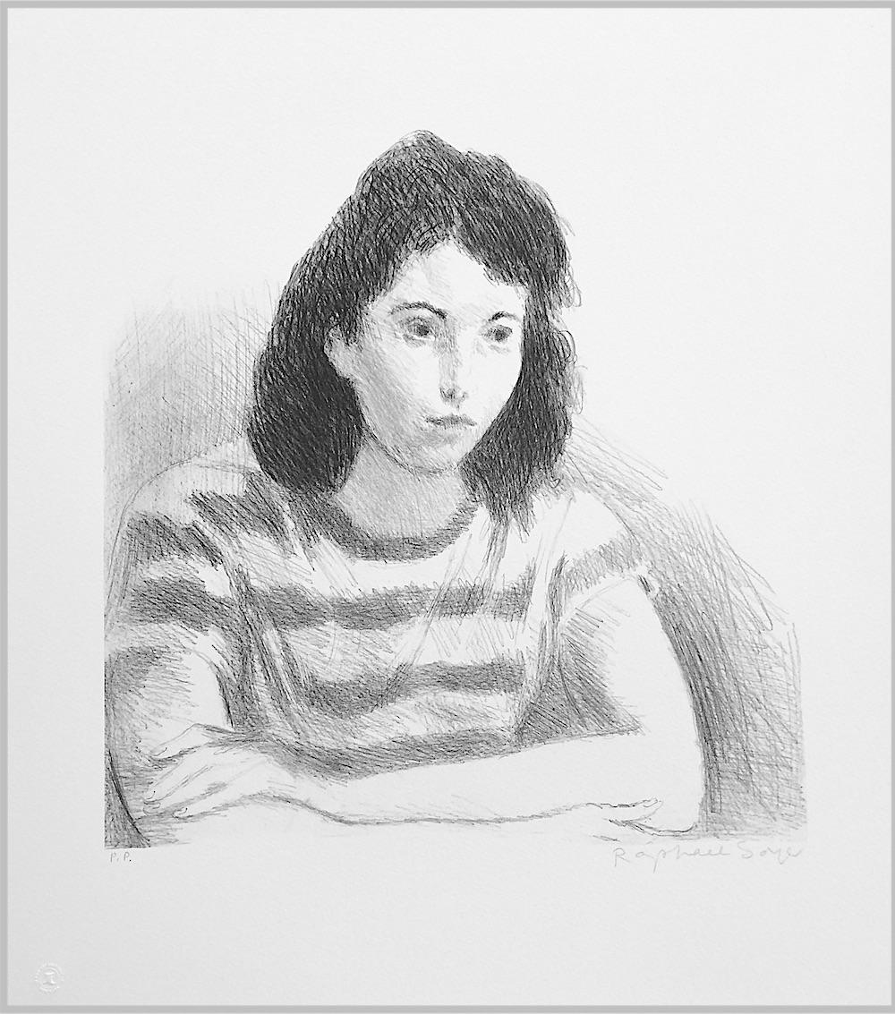 YOUNG WOMAN, STRIPED TEE SHIRT Signed Lithograph, Contemplative Portrait, Casual For Sale 1