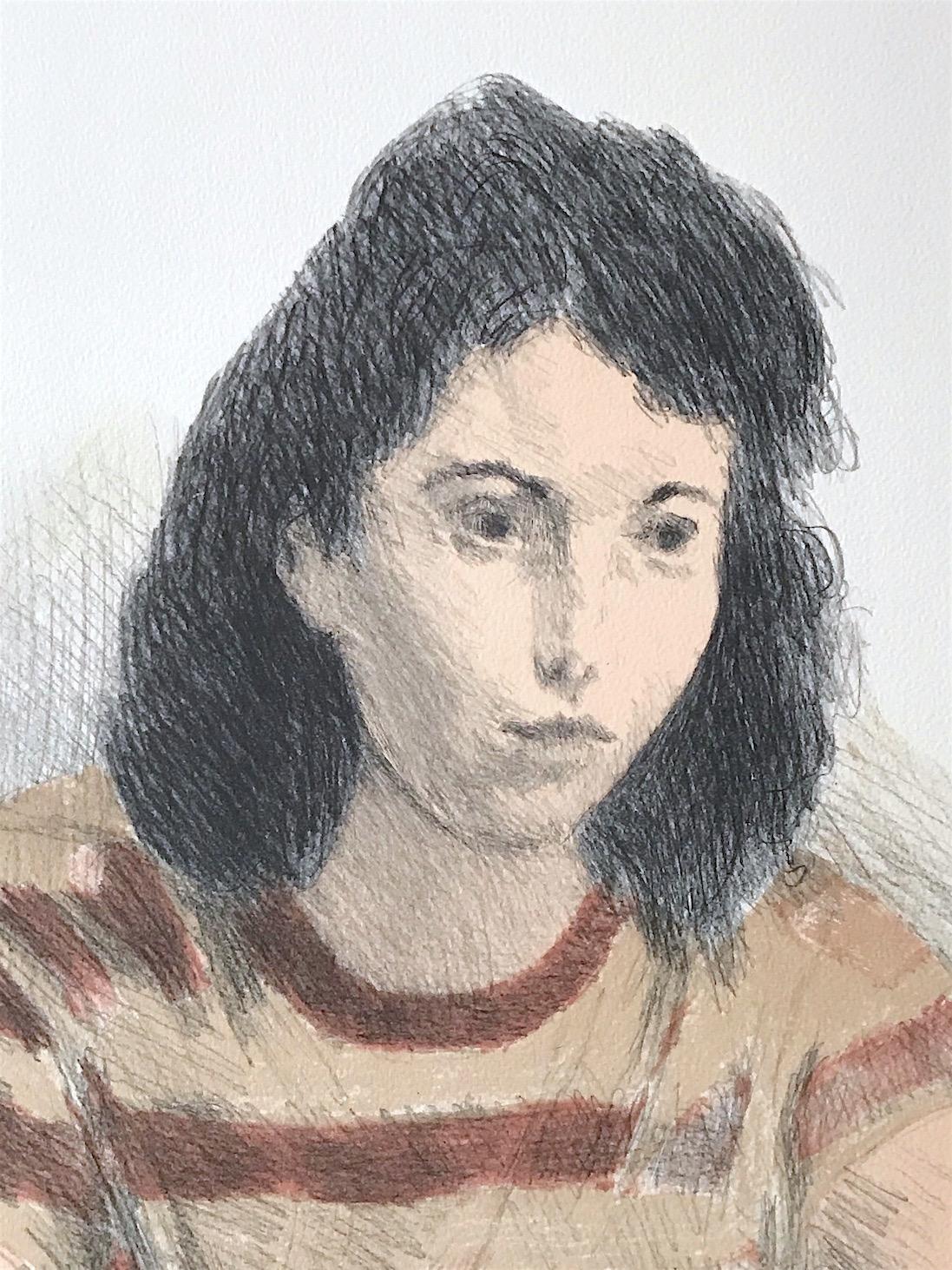 YOUNG WOMAN, STRIPED TEE SHIRT Signed Lithograph, Realist Portrait, Rust, Peach - Print by Raphael Soyer