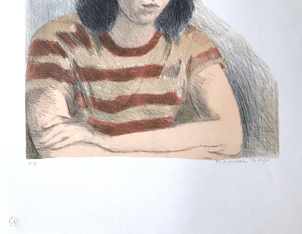 MUJER JOVEN, CAMISETA A RAYAS Litografía firmada, Retrato realista, Óxido, Melocotón - Figurative Print Beige de Raphael Soyer