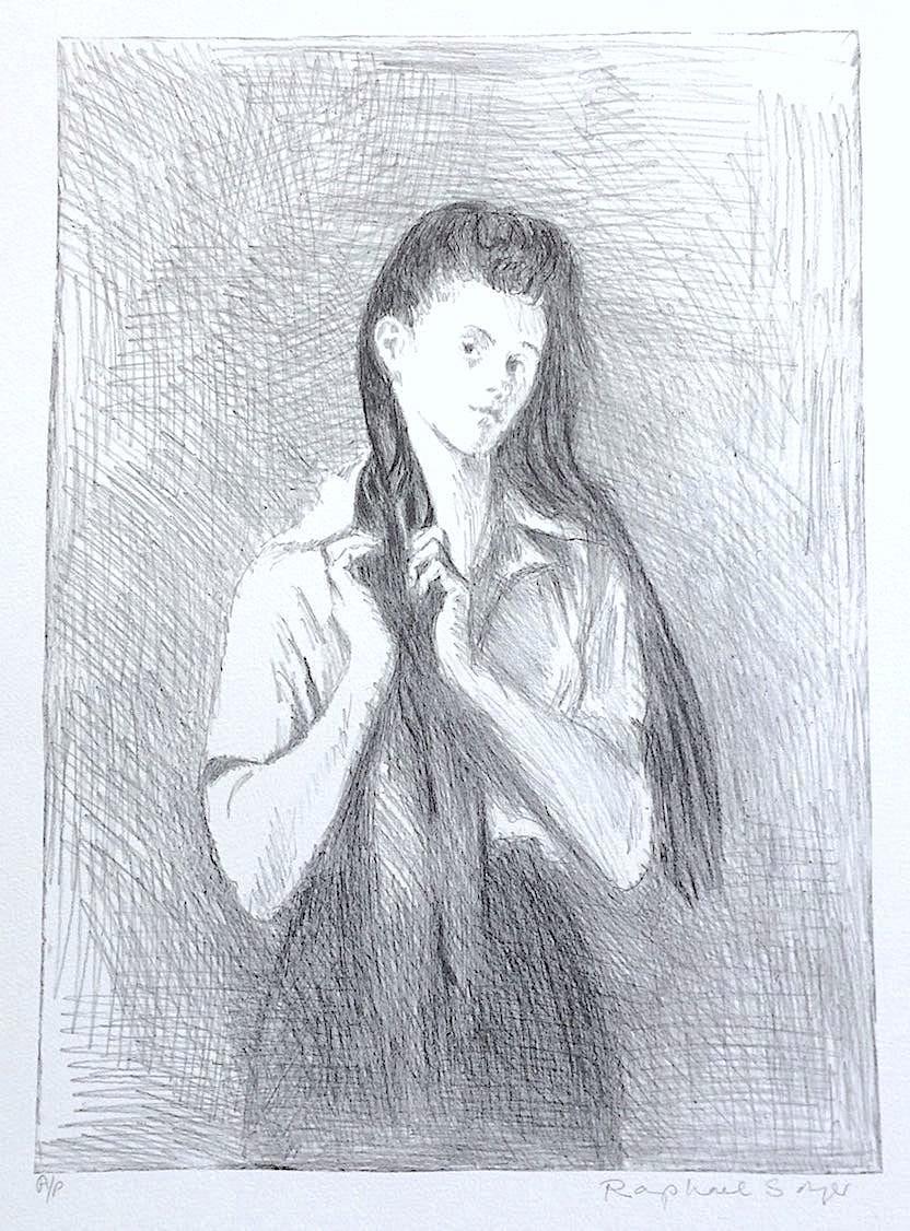 Raphael Soyer Interior Print - YOUNG WOMAN WITH LONG HAIR Signed Lithograph, Realist Portrait Drawing