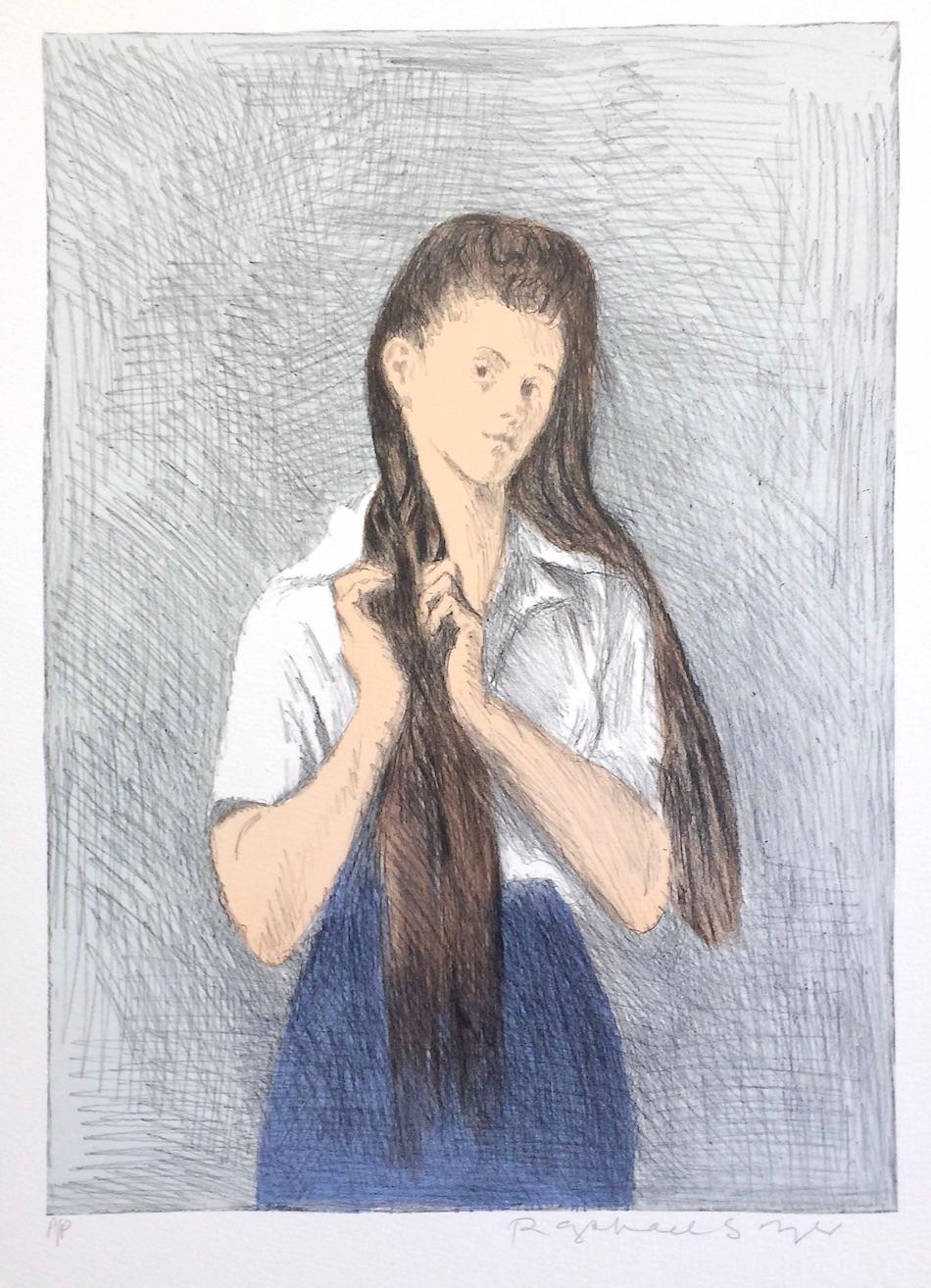 Raphael Soyer Figurative Print - Young Woman With Long Hair, Signed Lithograph, Girl Braiding Her Hair Blue Skirt