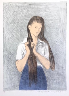 Junge junge Frau mit langem Haar, signierte Lithographie, Mädchen, das ihr Haar trägt, blauer Rock
