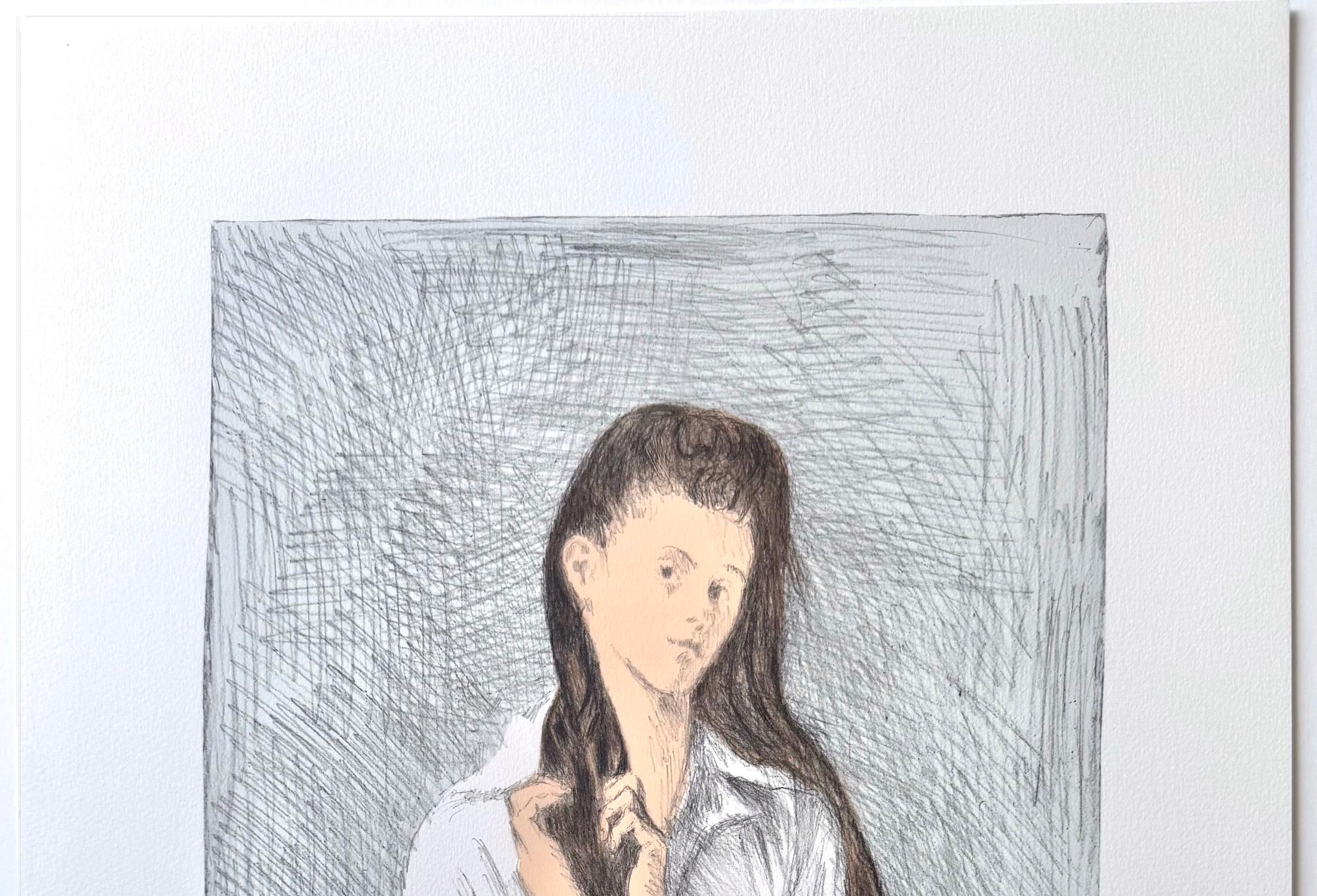 Junge junge Frau mit langem Haar, signierte Lithographie, Mädchen, das ihr Haar trägt, blauer Rock im Angebot 2