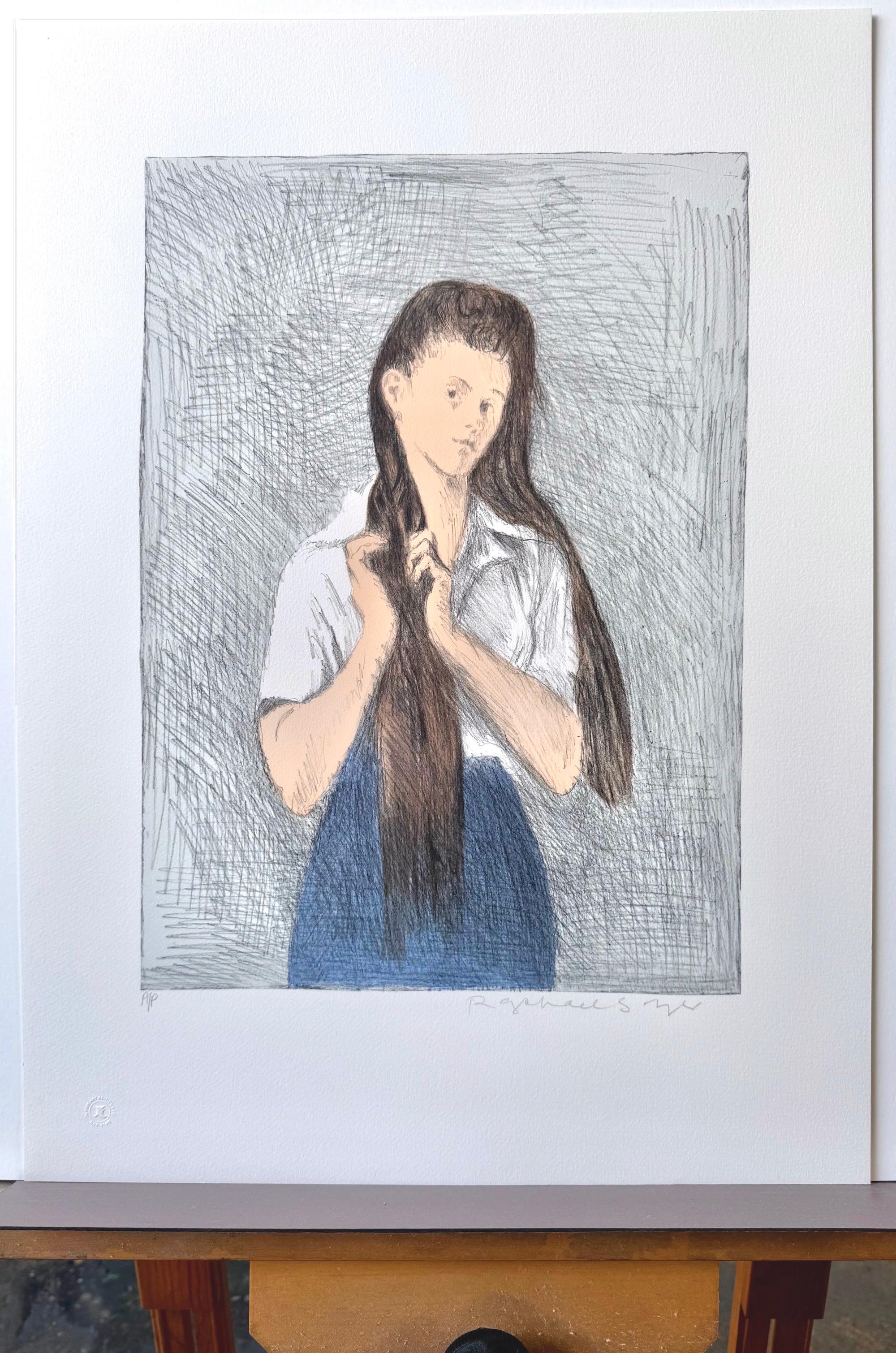 Junge junge Frau mit langem Haar, signierte Lithographie, Mädchen, das ihr Haar trägt, blauer Rock im Angebot 4