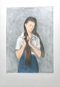 Young Woman With Long Hair, Signed Lithograph, Girl Braiding Her Hair Blue Skirt