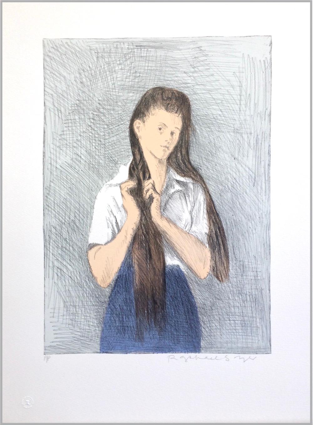 Young Woman With Long Hair, Signed Lithograph, Girl Braiding Her Hair Blue Skirt - Print by Raphael Soyer