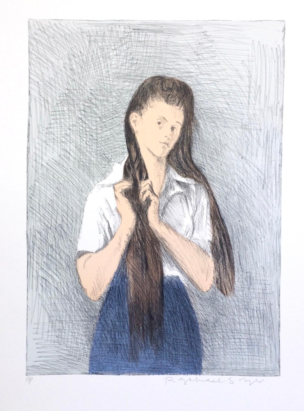 Raphael Soyer Figurative Print - Young Woman With Long Hair, Signed Lithograph, Girl Braiding Her Hair Blue Skirt