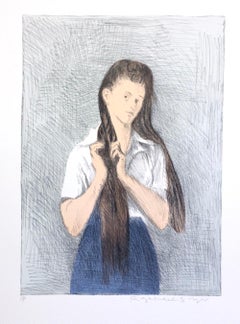 Young Woman With Long Hair, Signed Lithograph, Girl Braiding Her Hair Blue Skirt