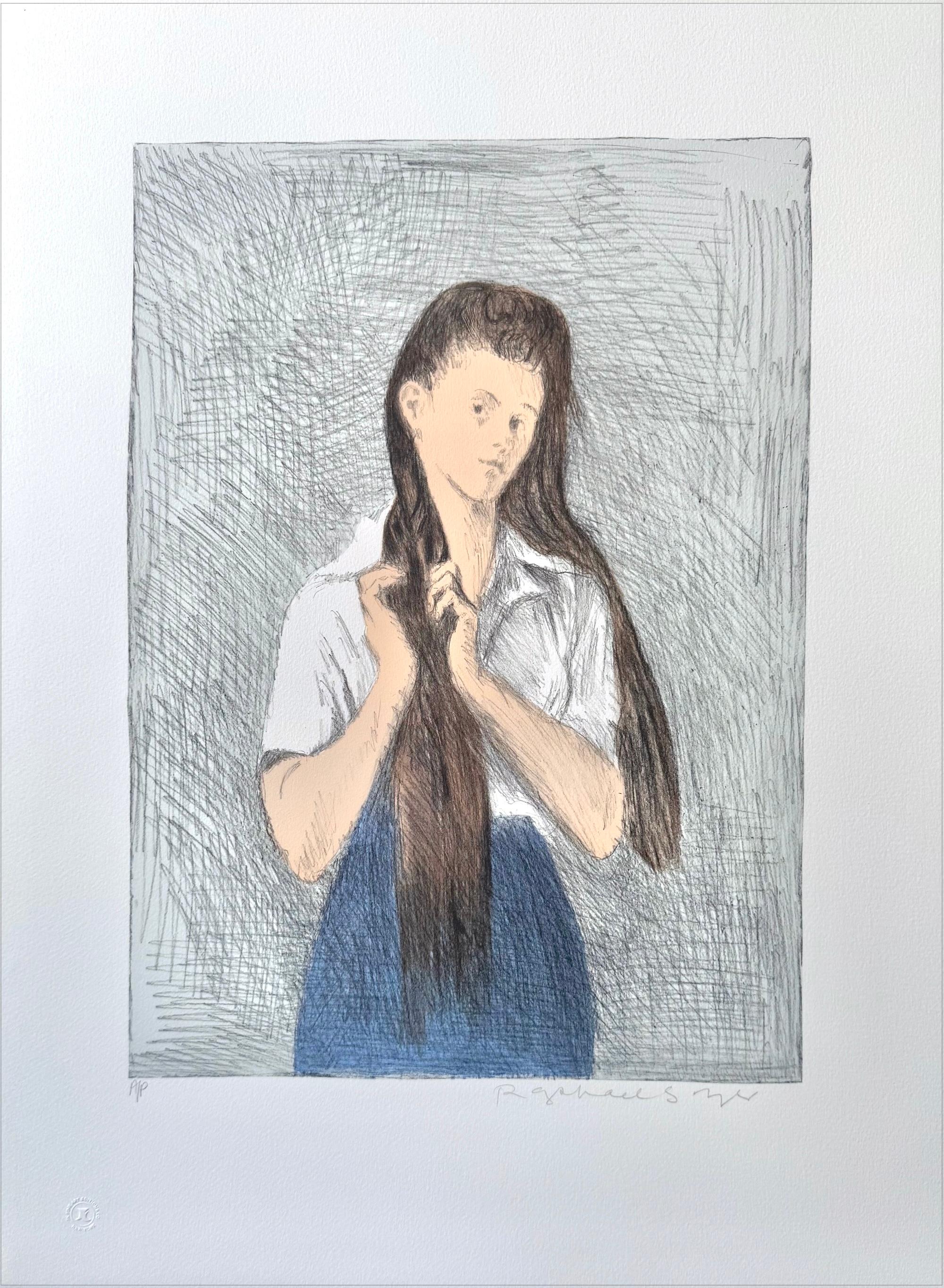 Jeune femme aux cheveux longs, lithographie signée, jeune fille portant une jupe bleue