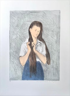 Jeune femme aux cheveux longs, lithographie signée, jeune fille portant une jupe bleue