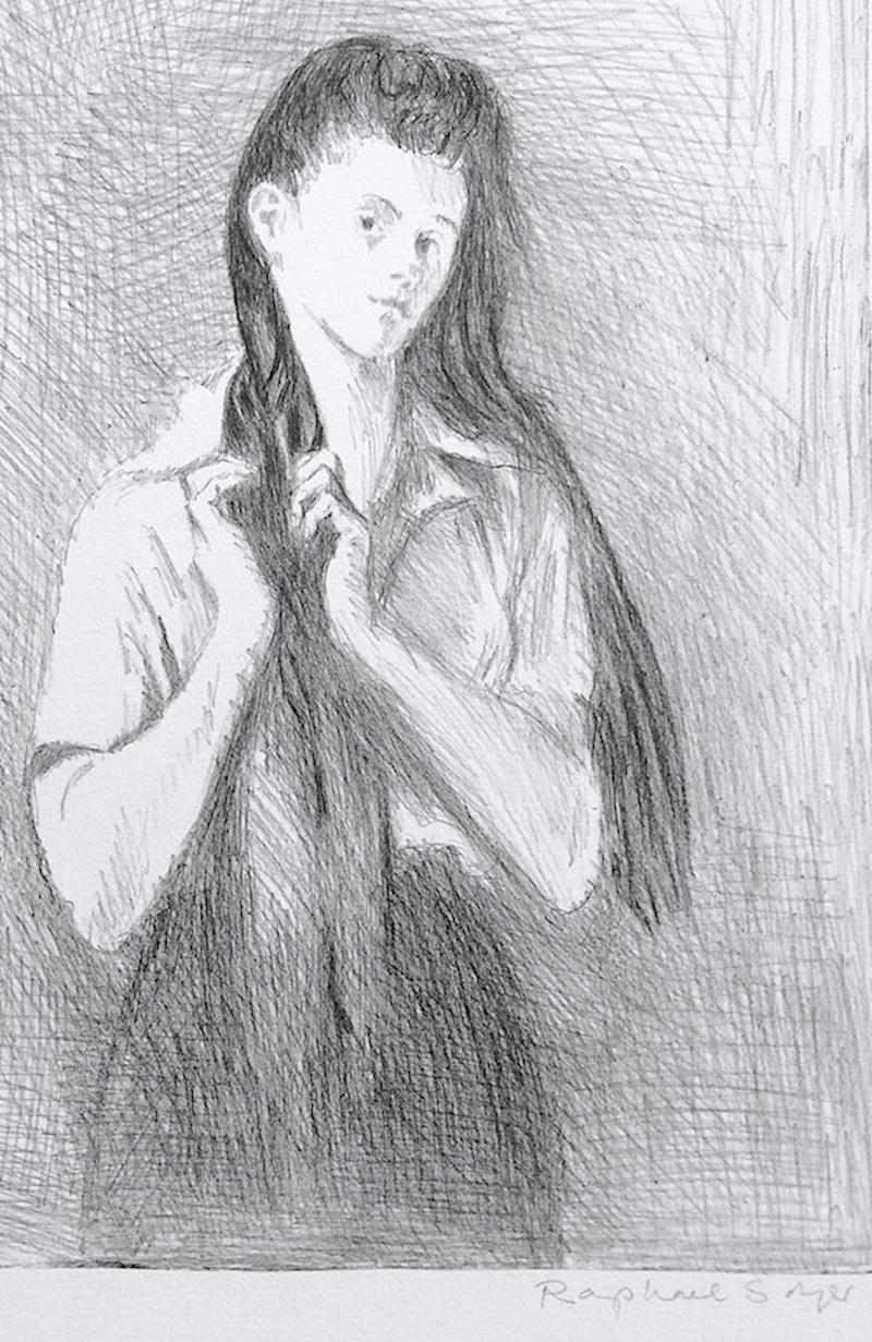 YOUNG WOMAN WITH LONG HAIR Signierte Lithographie, realistische Porträtzeichnung – Print von Raphael Soyer