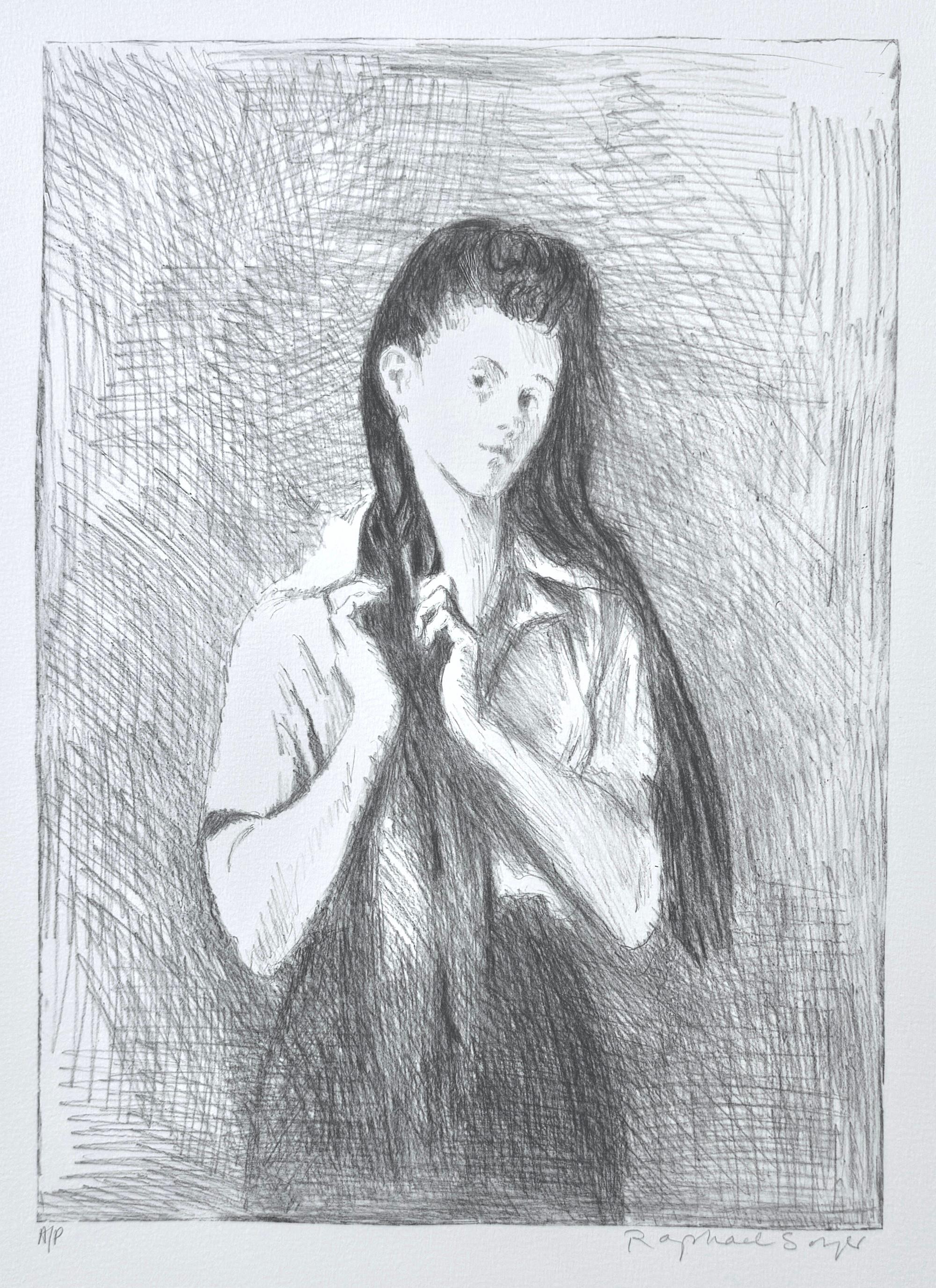 YOUNG WOMAN WITH LONG HAIR Signed Lithograph, Realist Portrait Drawing - Print by Raphael Soyer