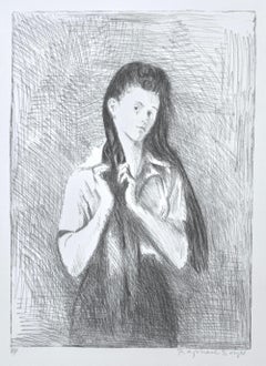 YOUNG WOMAN WITH LONG HAIR Signed Lithograph, Realist Portrait Drawing