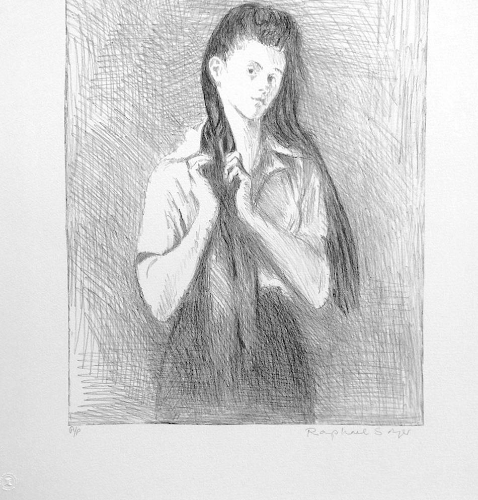 Lithographie signée « YOUNG WOMAN WITH LONG HAIR », dessin de portrait réaliste - Réalisme Print par Raphael Soyer
