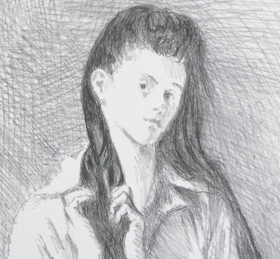 GIOVANE DONNA CON CAPELLI LUNGHI Litografia firmata, disegno di ritratto realista - Print Realismo di Raphael Soyer