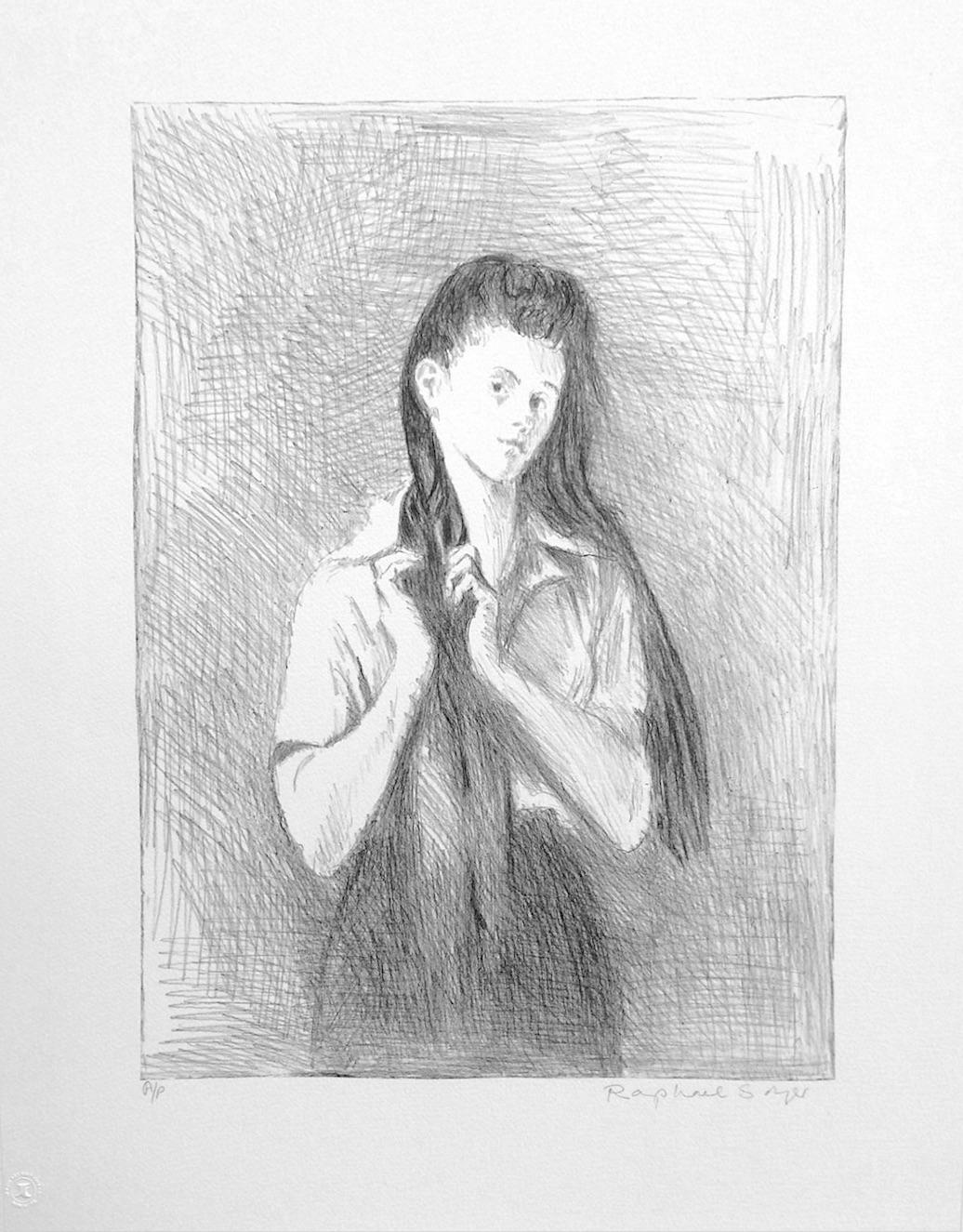 Lithographie signée « YOUNG WOMAN WITH LONG HAIR », dessin de portrait réaliste - Gris Interior Print par Raphael Soyer