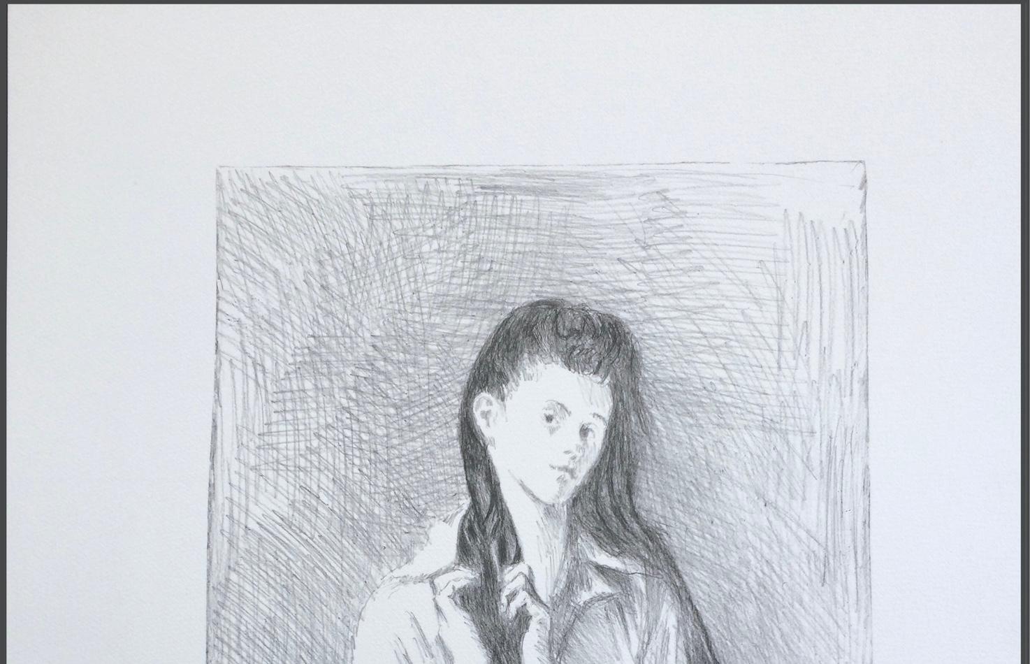 GIOVANE DONNA CON CAPELLI LUNGHI Litografia firmata, disegno di ritratto realista in vendita 1