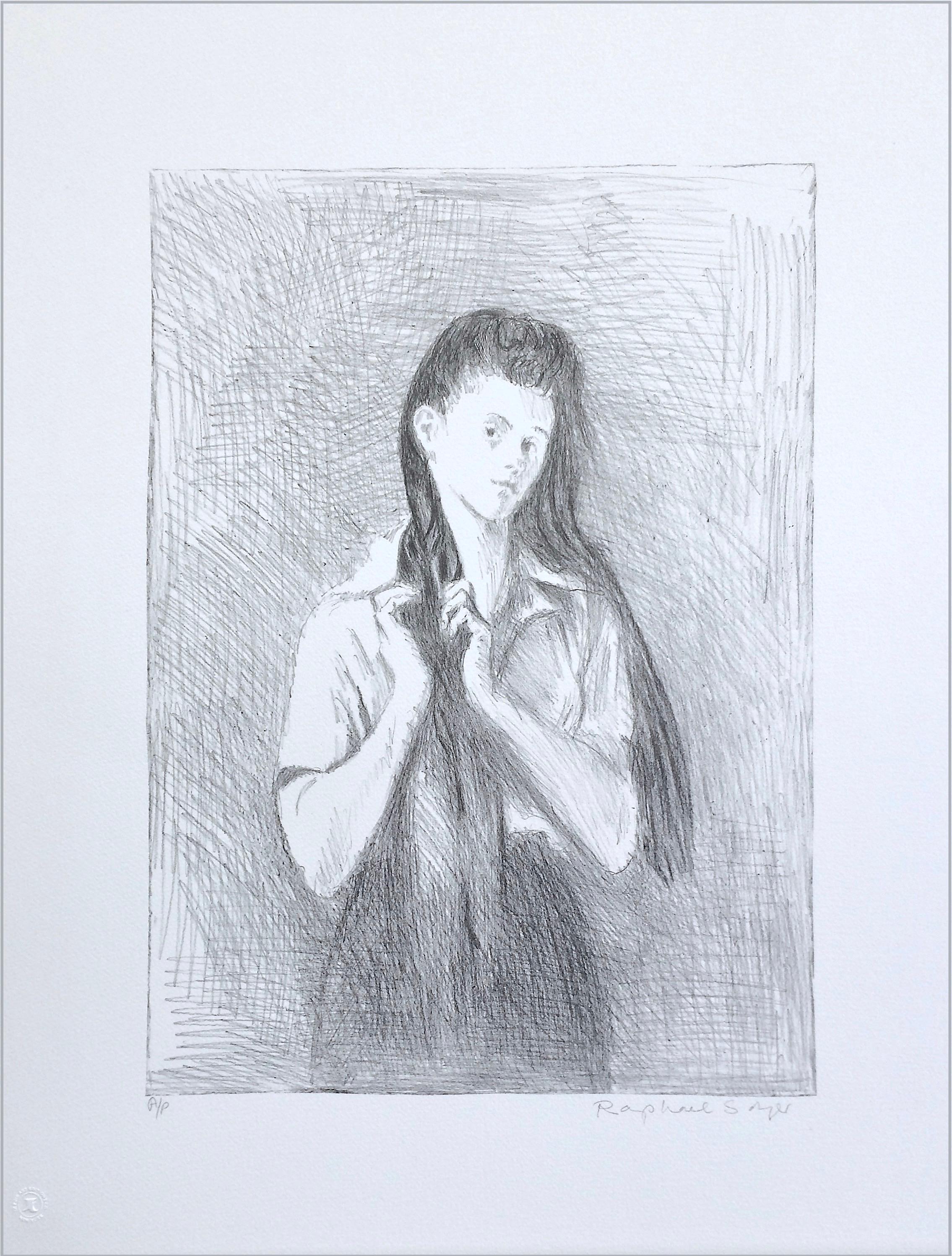 YOUNG WOMAN WITH LONG HAIR Signed Lithograph, Realist Portrait Drawing - Gray Interior Print by Raphael Soyer