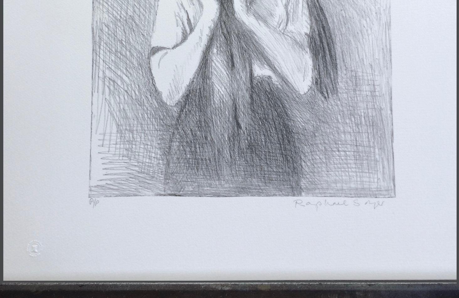 GIOVANE DONNA CON CAPELLI LUNGHI Litografia firmata, disegno di ritratto realista in vendita 2
