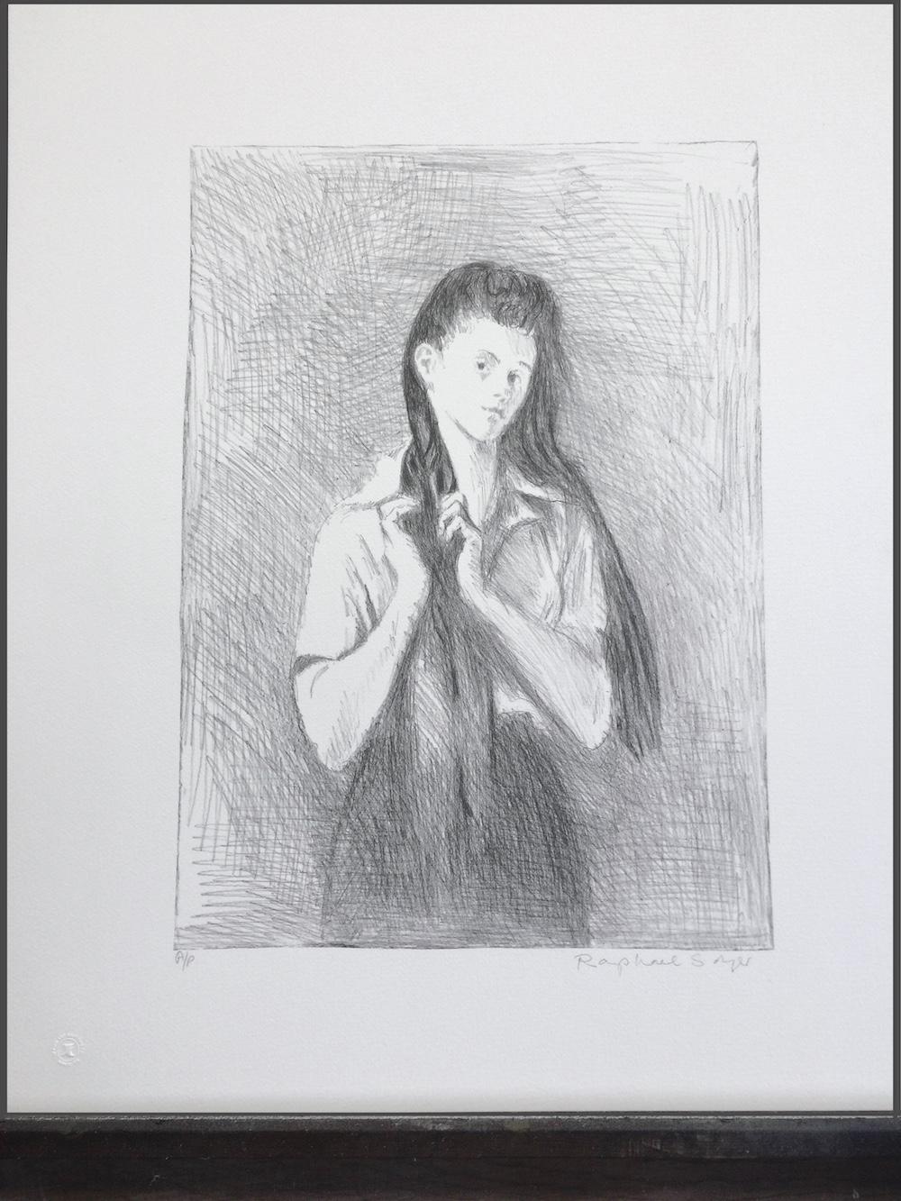 GIOVANE DONNA CON CAPELLI LUNGHI Litografia firmata, disegno di ritratto realista in vendita 3