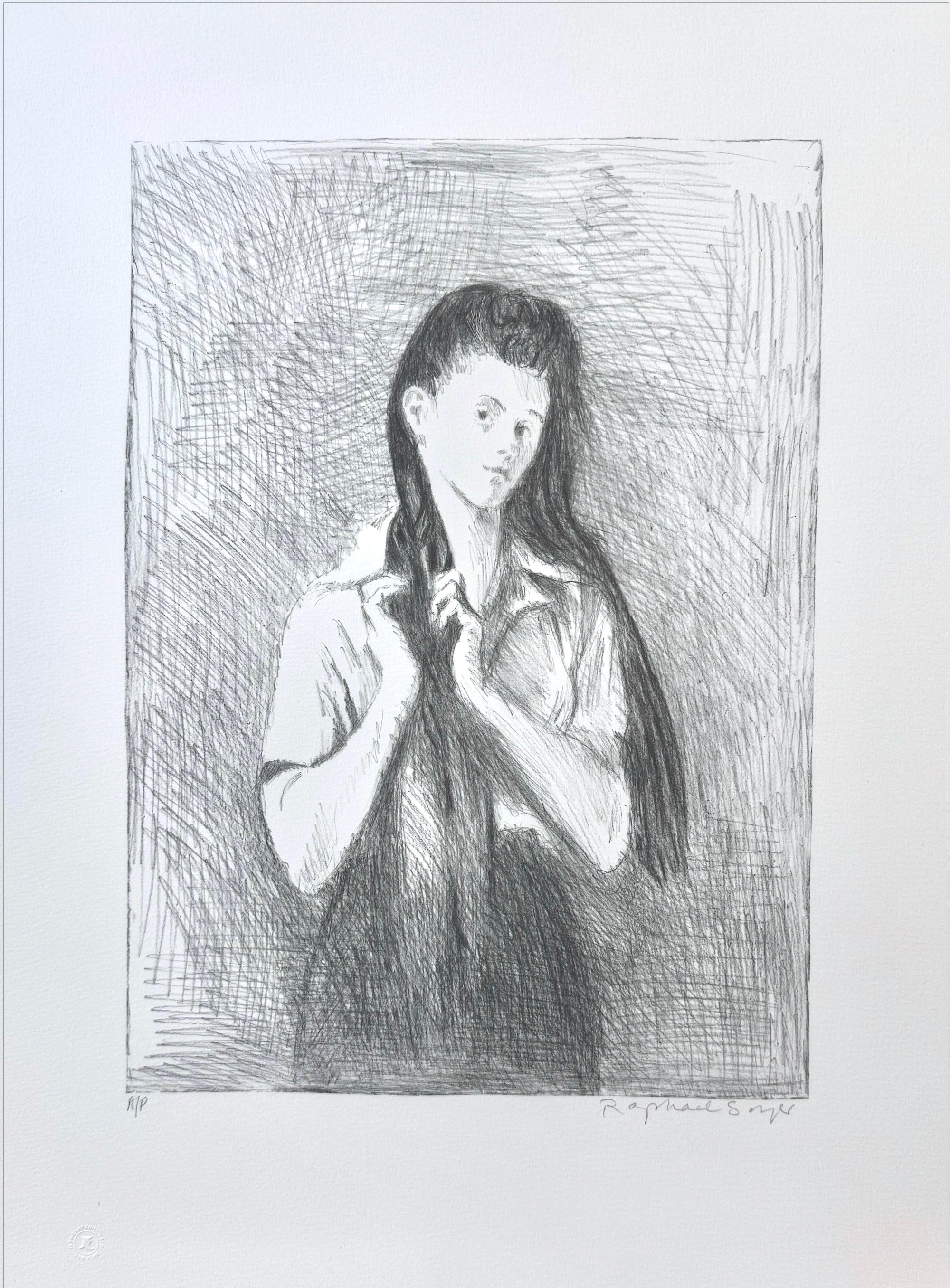 Lithographie signée « YOUNG WOMAN WITH LONG HAIR », dessin de portrait réaliste