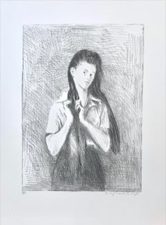 Lithographie signée « YOUNG WOMAN WITH LONG HAIR », dessin de portrait réaliste