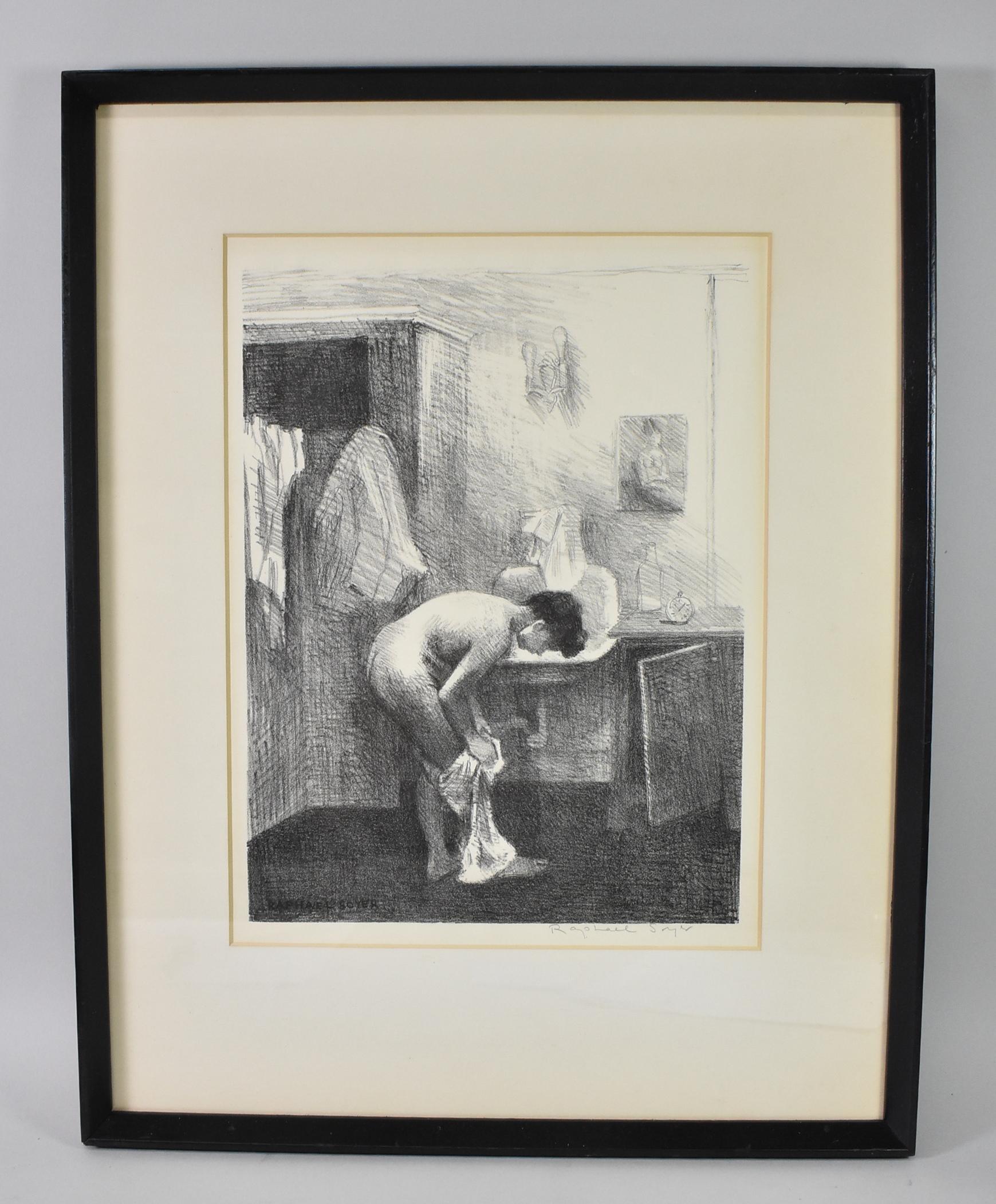 Raphael Soyor (1899-1987) Innenszene eines weiblichen Aktes beim Baden neben einem Waschbecken. 1954 aus einer Auflage von 250 Stück. Signiert mit Bleistift unten rechts. Insgesamt 15 3/4