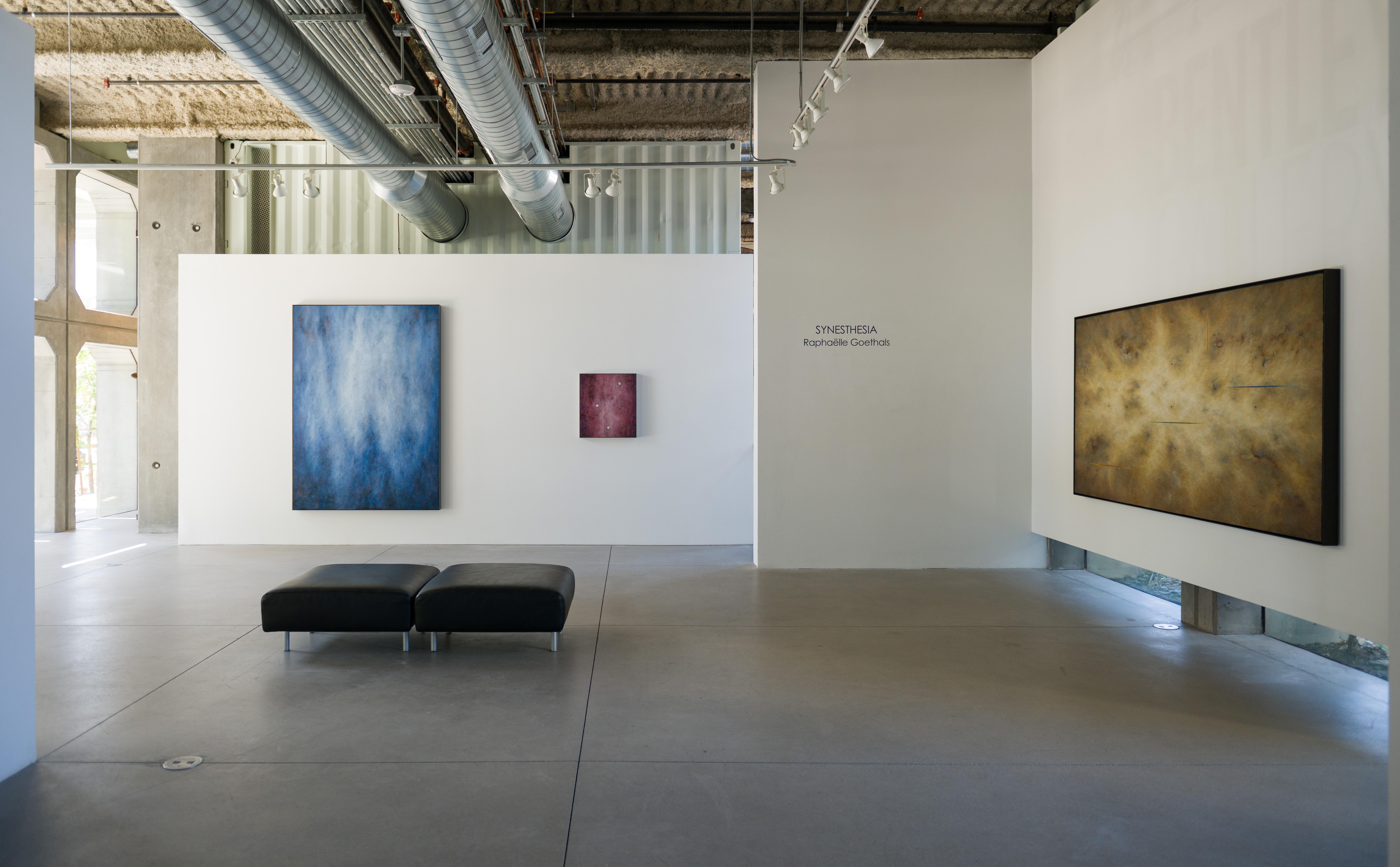 Alfa Blues, 2024, framed encaustic and oil on panel - Abstract Mixed Media Art by Raphaelle Goethals
