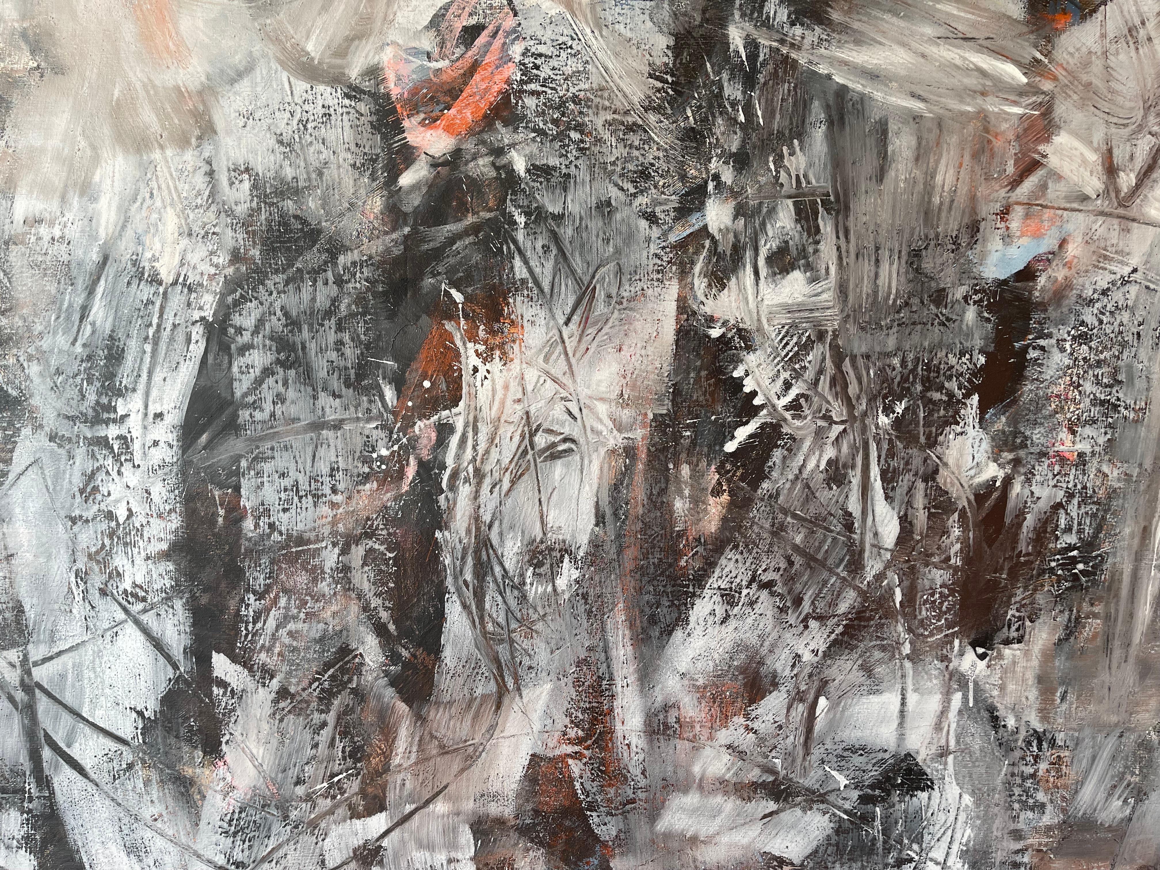 Très grand tableau abstrait gris et blanc de Rapfaëlle Pia datant de 1987  - Gris Abstract Painting par Raphaelle Pia