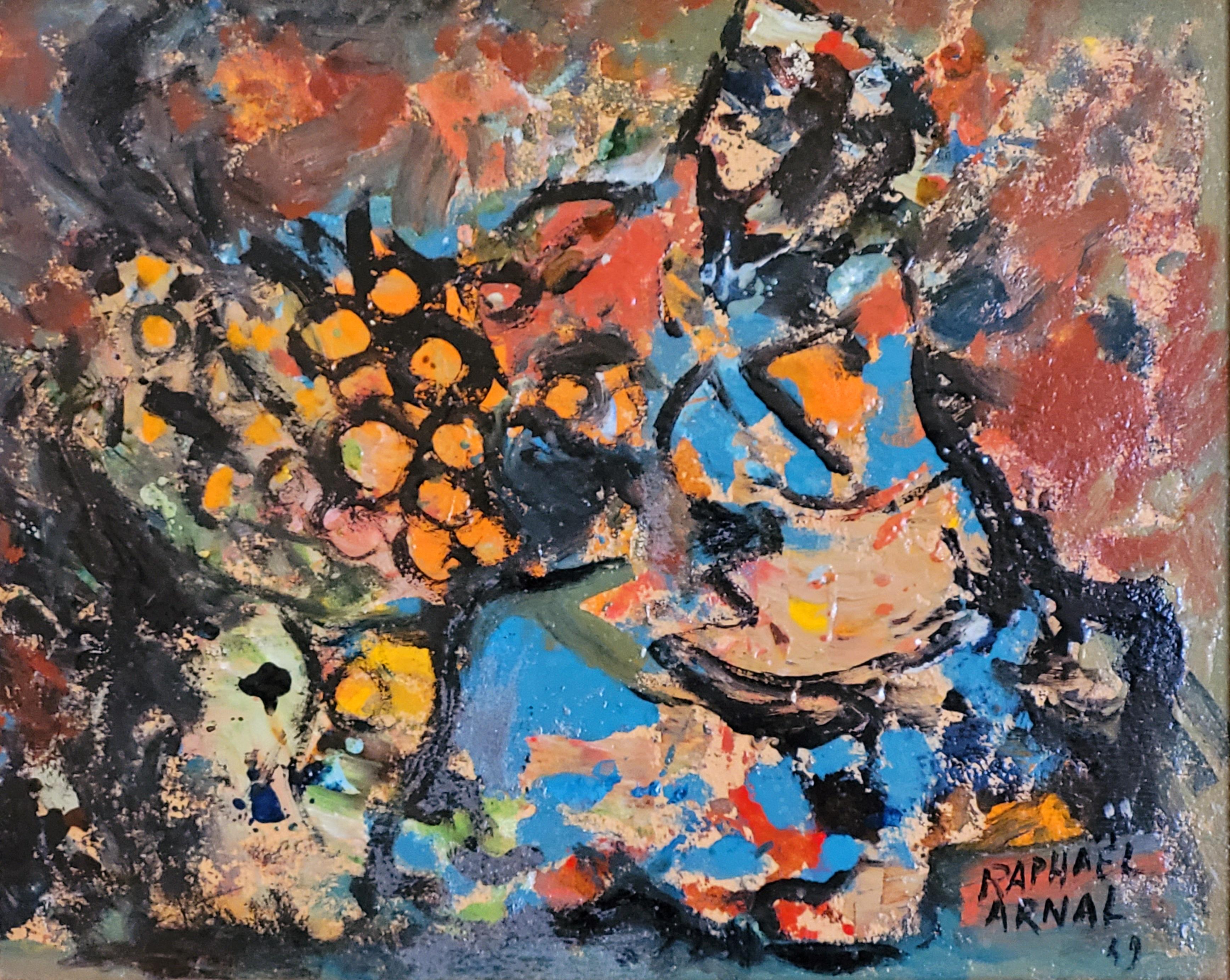 Mid-Century Abstract Expressionist Oil, 'La Vendeuse d'Oranges'. - Painting by Raphaël Arnal