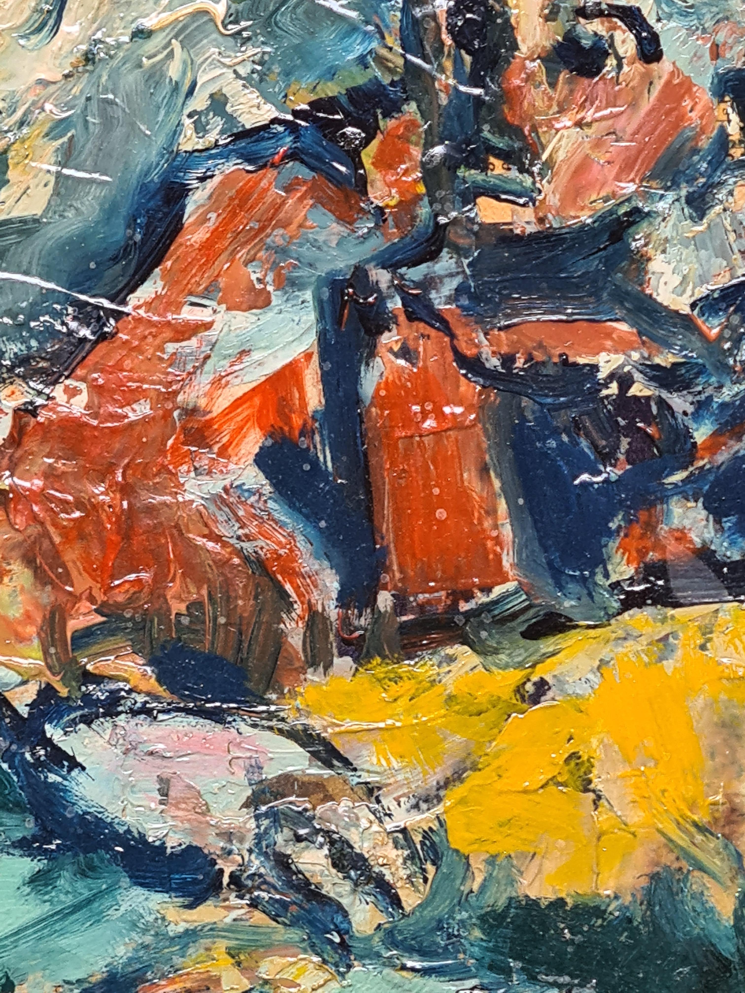 Französisches expressionistisches Öl aus der Mitte des Jahrhunderts, La Couseuse (Blau), Figurative Painting, von Raphaël Arnal