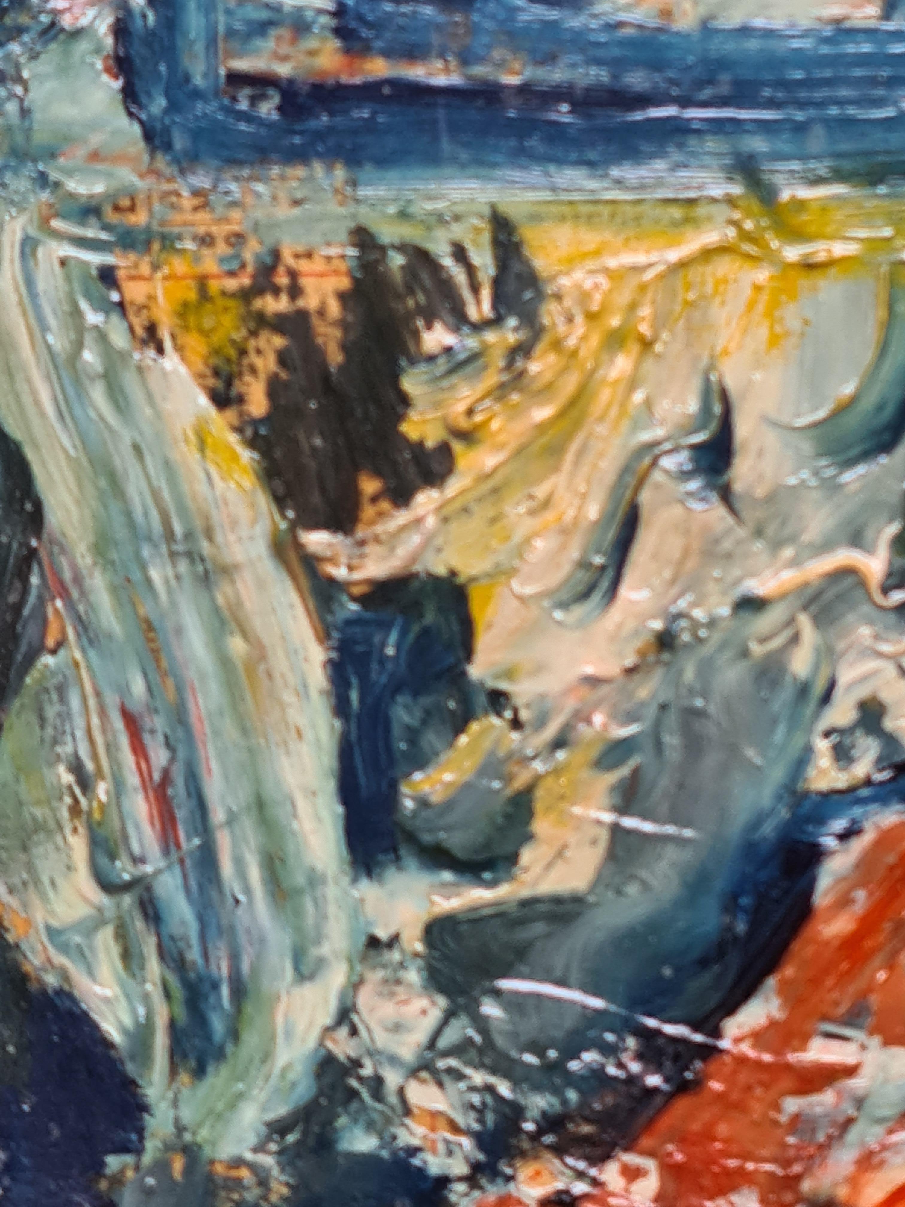 Eine Mitte des Jahrhunderts Französisch Expressionist Öl auf Papier, auf dem Brett, Gemälde einer Dame Nähen von Raphael Arnal gelegt. Das Gemälde ist unten links signiert und auf der Rückseite datiert, lokalisiert und zugeschrieben. Präsentiert in