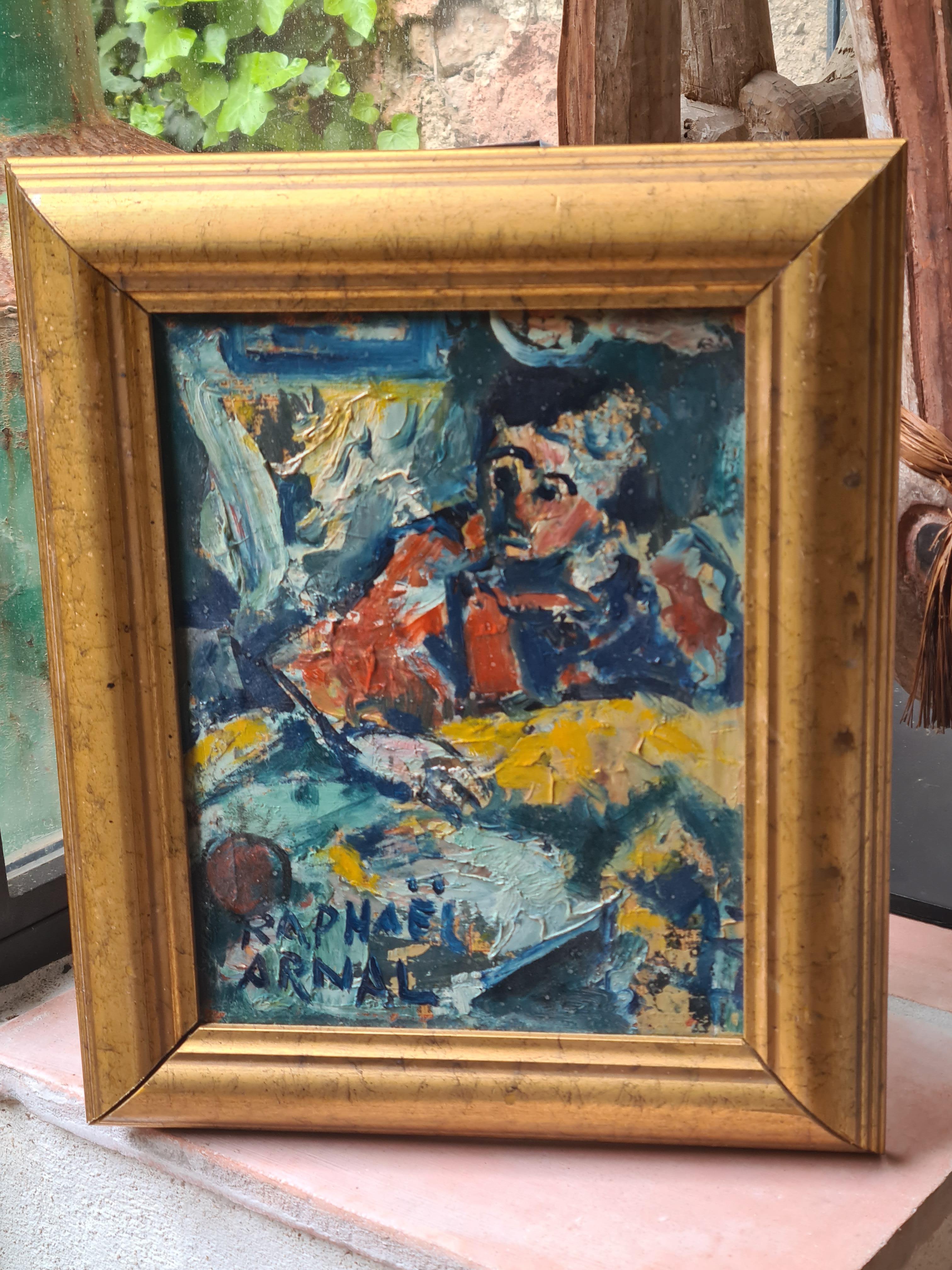 Französisches expressionistisches Öl aus der Mitte des Jahrhunderts, La Couseuse im Angebot 2